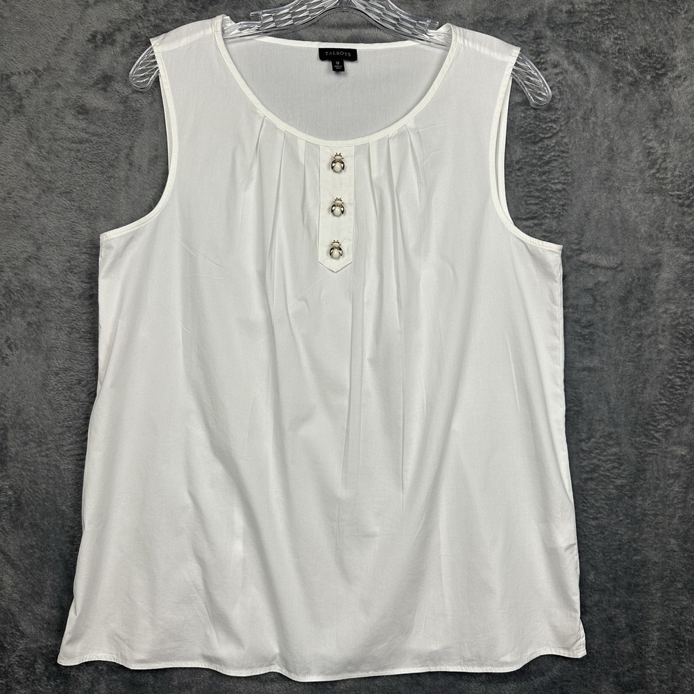 Talbots Tank Top Women's 12 White Cotton Sleeveless Beaded Bee Button Summer‎